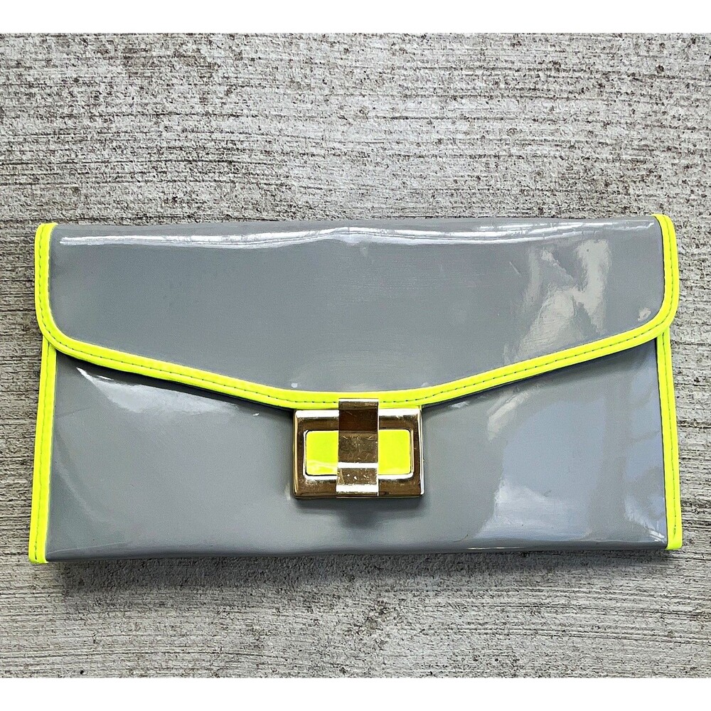 Cooperativa Patent Clutch Gray Green Neon Trim Snap Detachable Chain Strap
